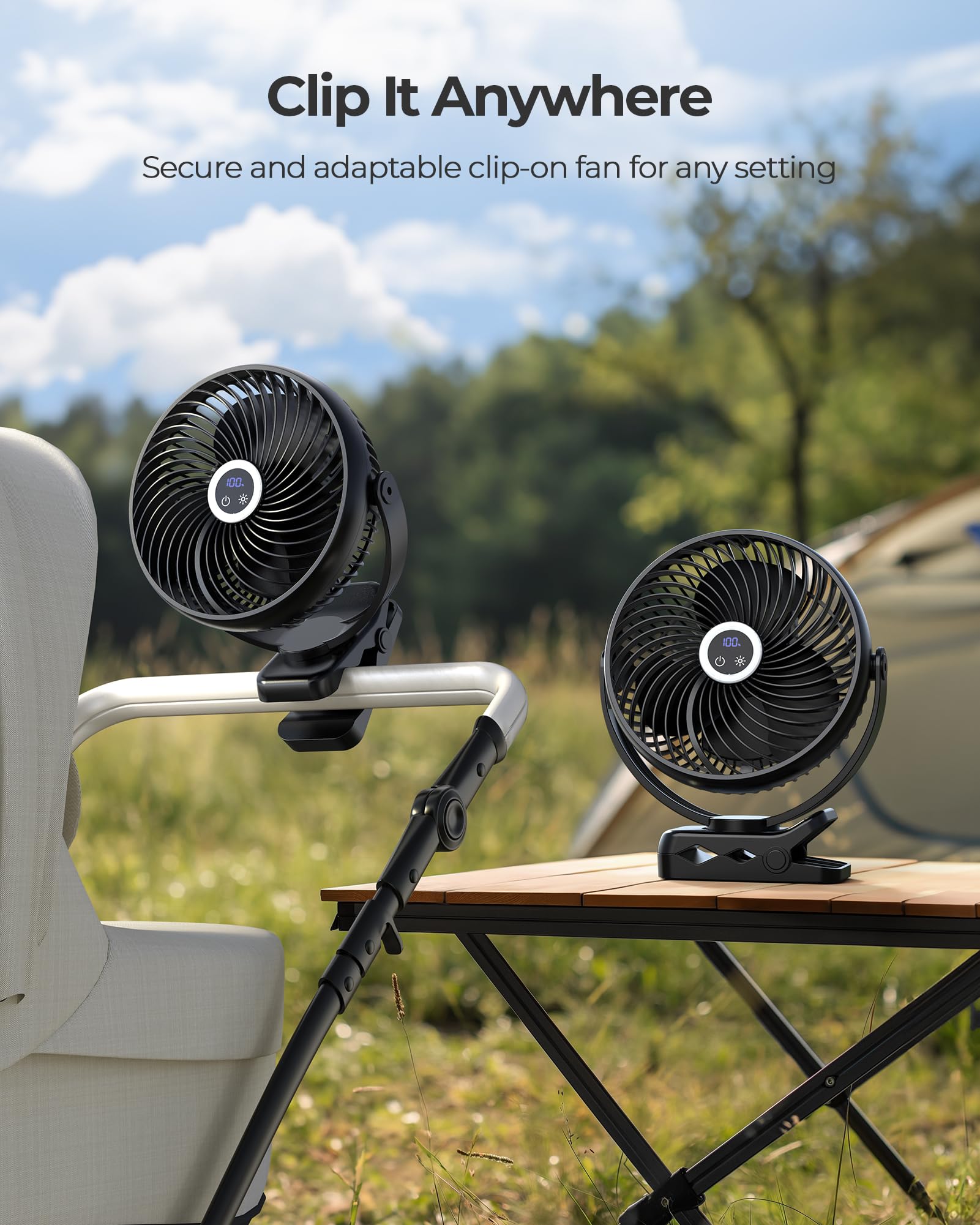 Koonie quiet camping fan operates at 35dB for peaceful tents.