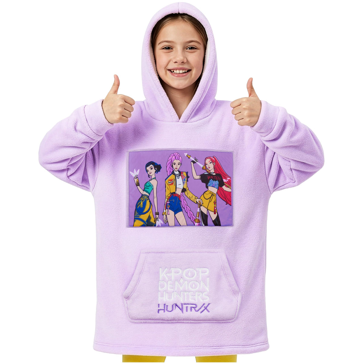 KPop Demon Hunters Huntrix blanket hoodie front view shows cozy fleece for lounge days