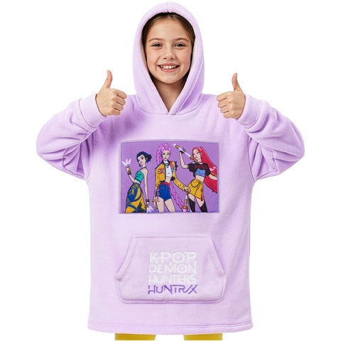 KPop Demon Hunters Huntrix blanket hoodie front view shows cozy fleece for lounge days