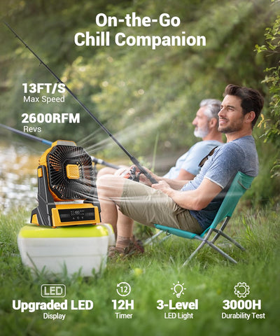 KopBeau 20000mAh rechargeable battery powers fan and device charging