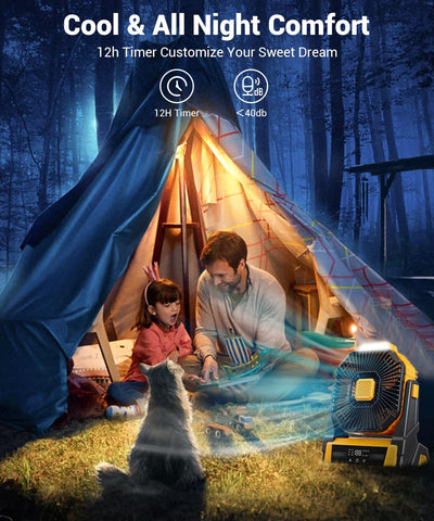 KopBeau cordless camping fan with hanging hook for versatile setups