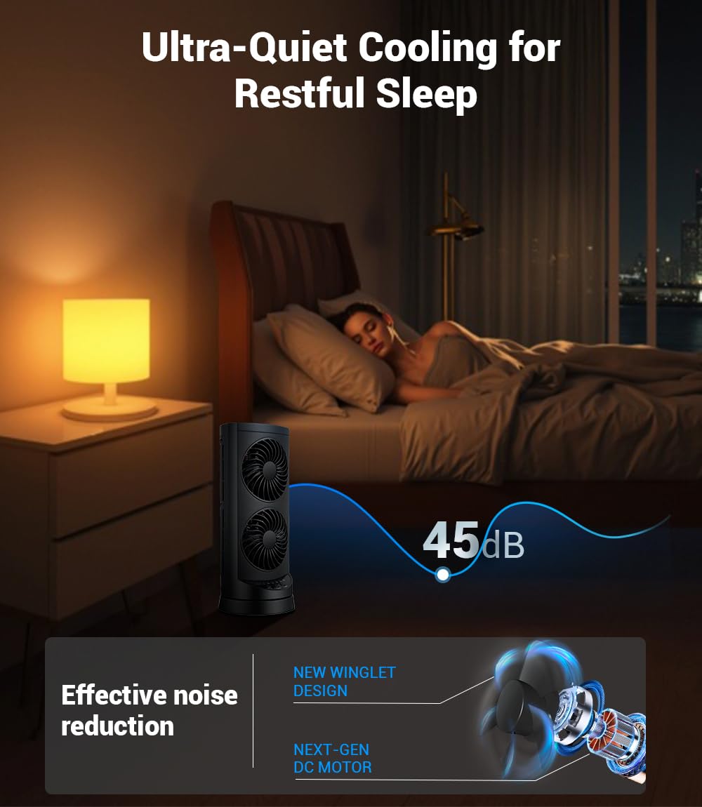 KopBeau tower fan features a 12-hour timer for automation