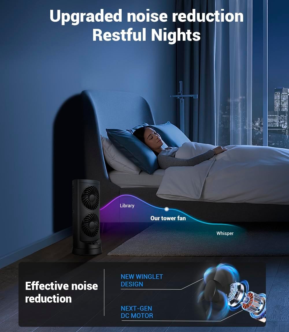 KopBeau personal tower fan in a bedroom creates cool, restful mood.