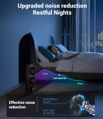 KopBeau personal tower fan in a bedroom creates cool, restful mood.