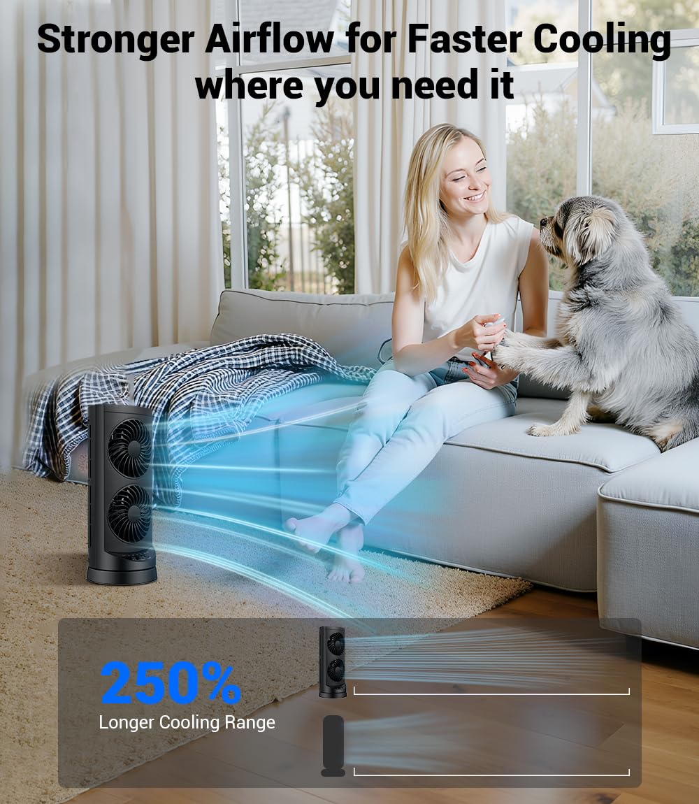 KopBeau desk setup with tower fan delivering targeted airflow for work