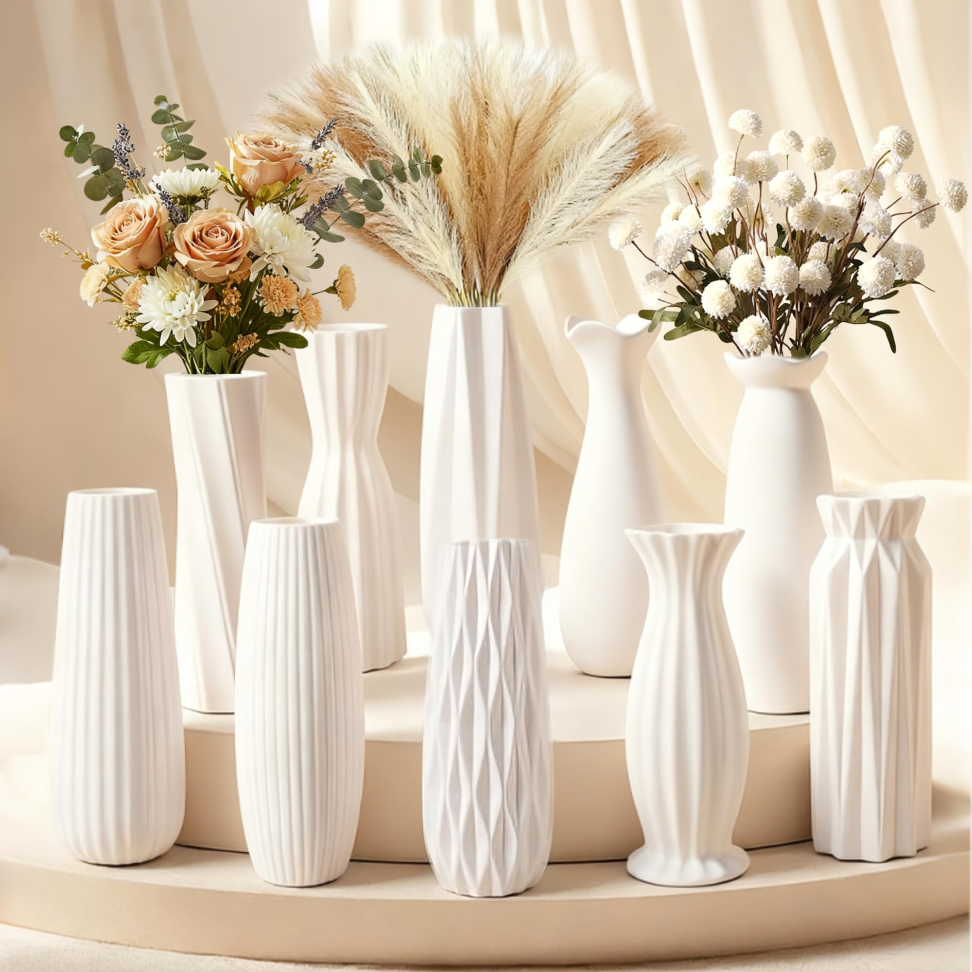 KOPWVA 10-piece 8-inch white ceramic vases with unique bottle shapes for elegant tablescapes.