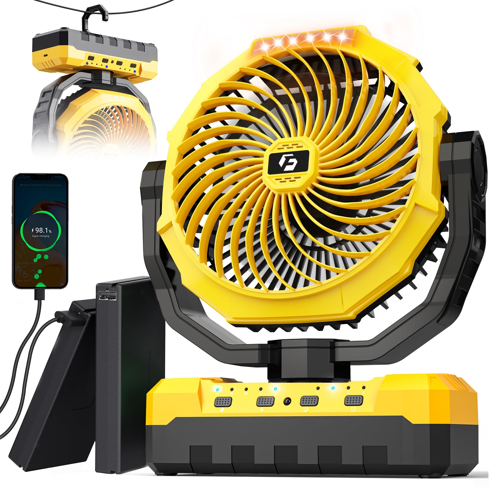 Korbot 36000mAh portable camping fan with detachable battery for easy swaps.