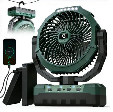 Korbot 36000mAh portable camping fan front view with detachable batteries for extended outdoor cooling