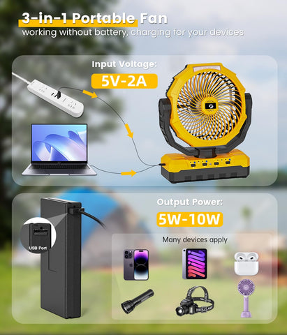 Korbot fan with hook mount for versatile tent or desk placement.