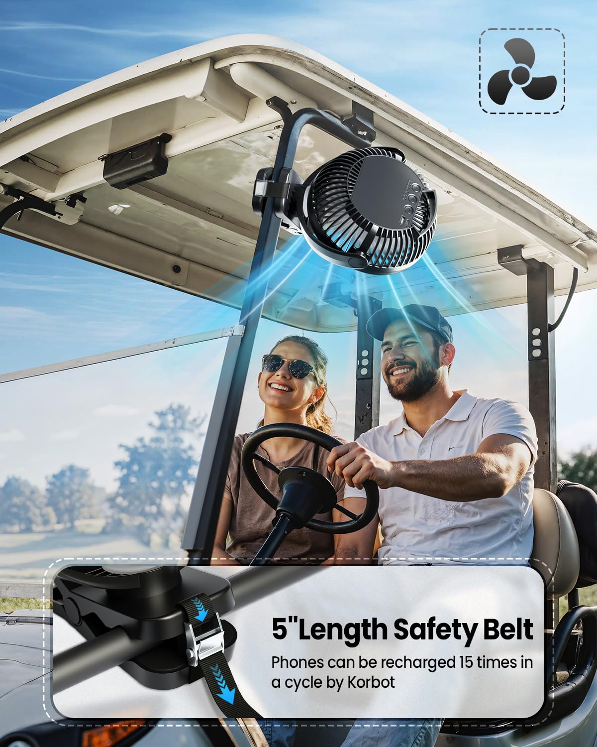 Korbot golf cart clip-on fan with remote and LED lights for hands-free comfort.