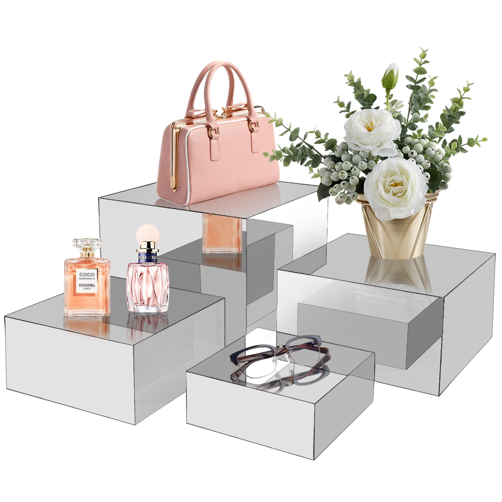 Koretech 4Pcs acrylic risers with mirrored surface showcasing a premium display setup.