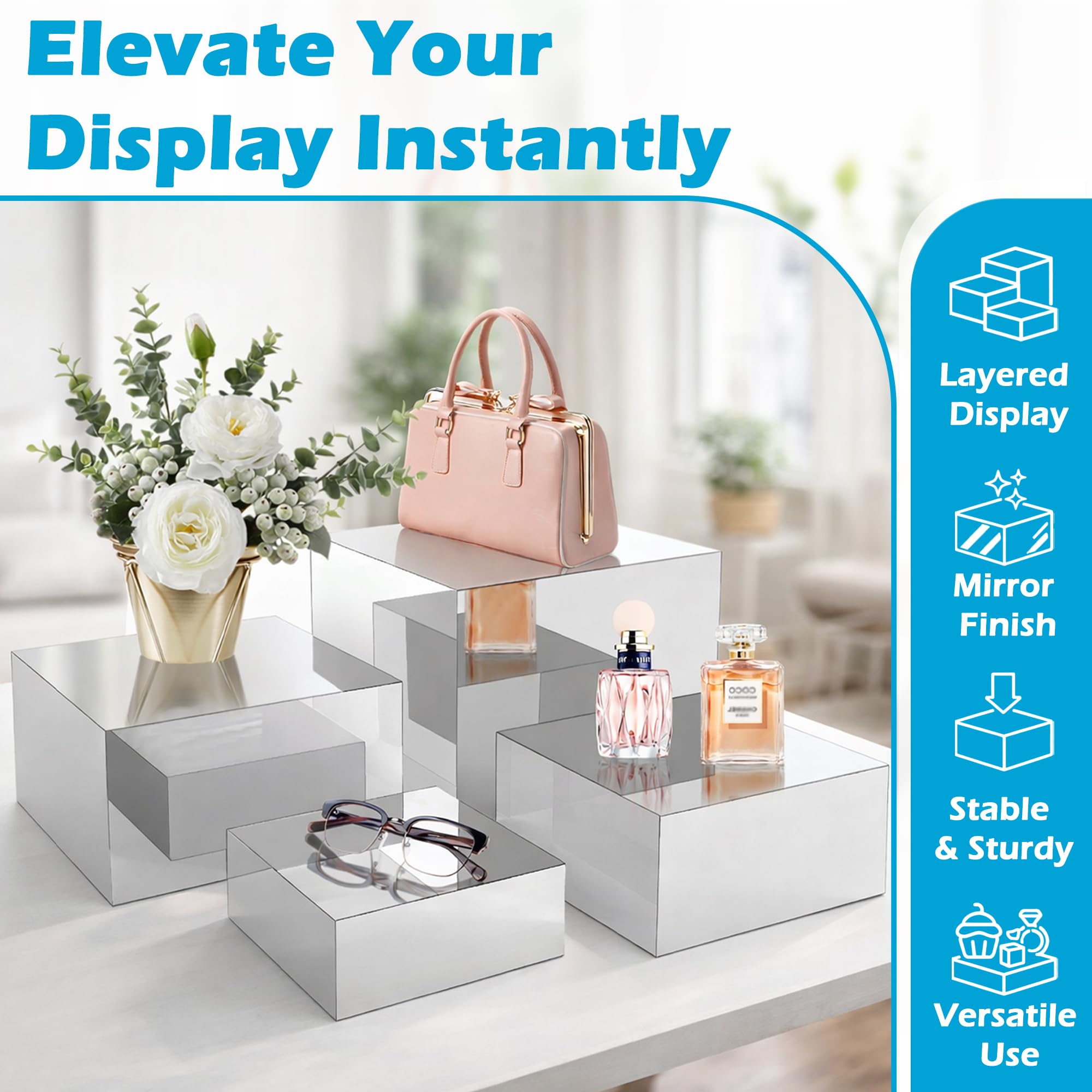 Koretech tiered acrylic risers creating a multi-level product presentation.