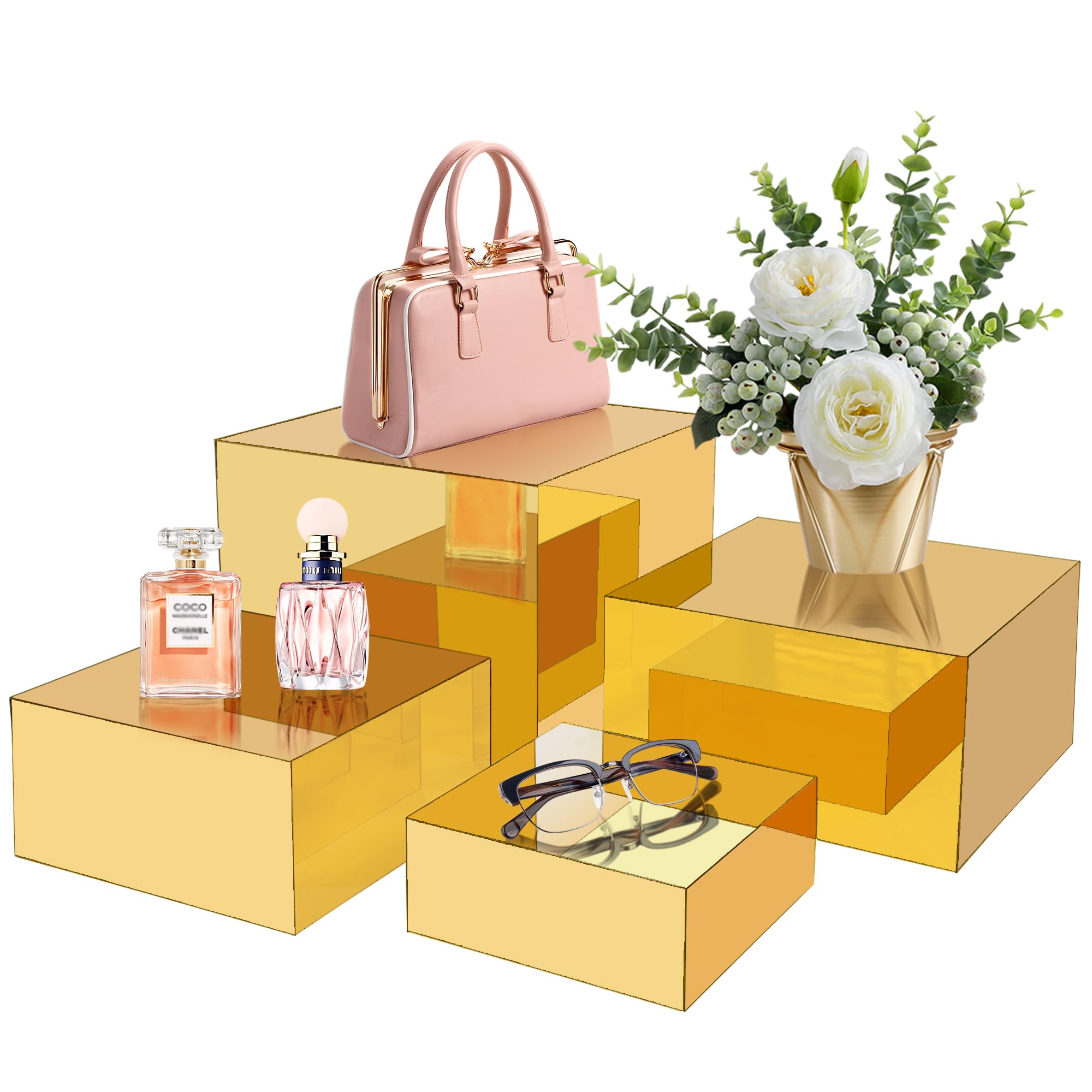 Koretech gold acrylic mirrored risers 5-inch – elevate jewelry displays with luxe reflection.