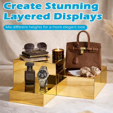 Koretech gold acrylic mirrored risers 6-inch – create eye-catching tiered buffet setups.