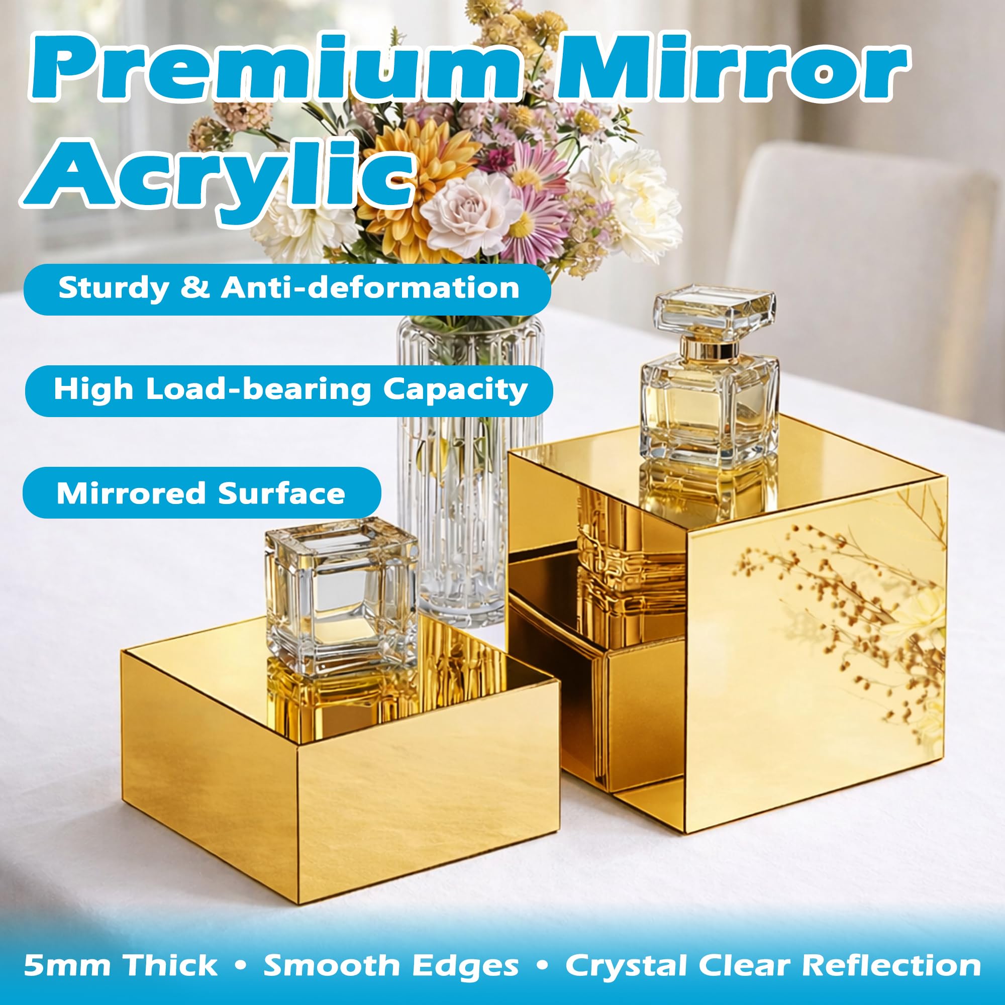 Koretech gold acrylic mirrored risers 8-inch – versatile centerpieces and product displays.