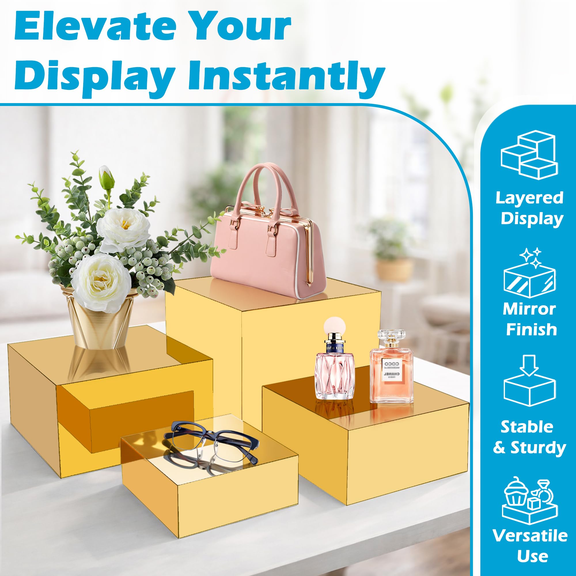 Koretech jewelry display risers with mirror finish highlight accessories beautifully.