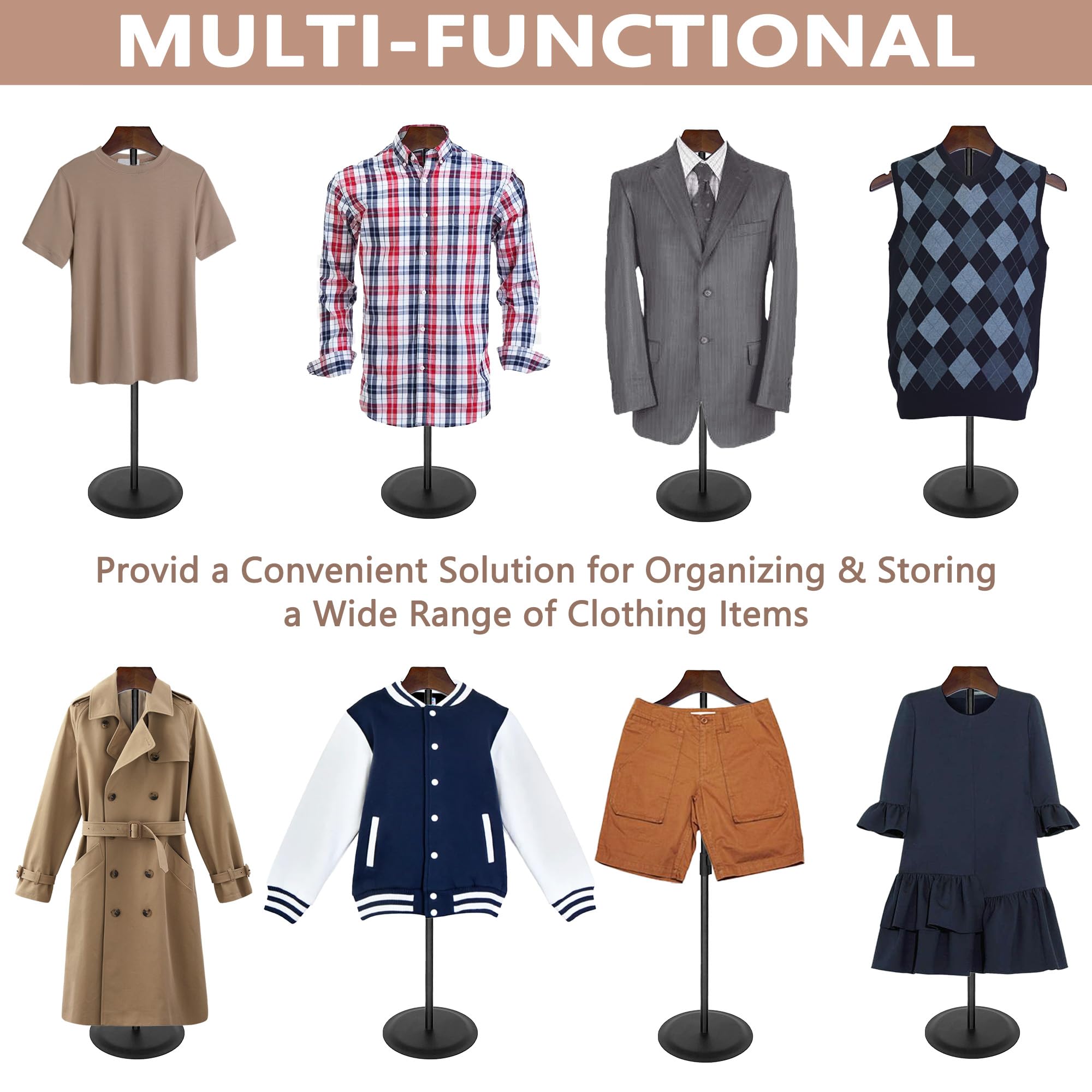 Koretech metal base 9.5-inch diameter provides stable support for multiple garments.