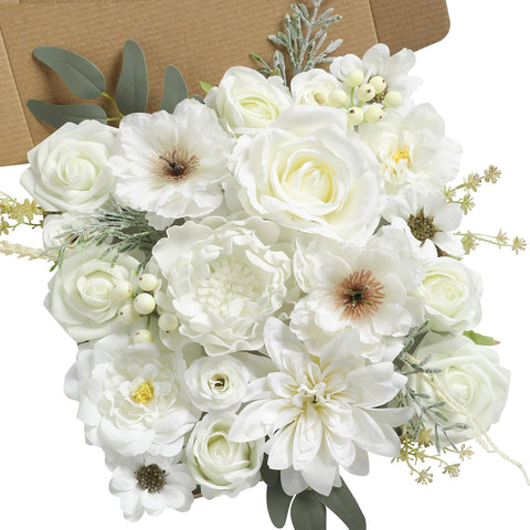 Koroni Flowers white roses bouquet with lifelike detail for durable DIY wedding decor.