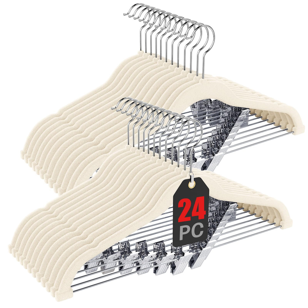 Korpai 24-pack beige velvet hangers with clips keep outfits organized and secure.