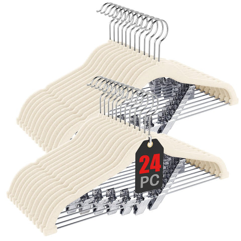 Korpai 24-pack beige velvet hangers with clips keep outfits organized and secure.