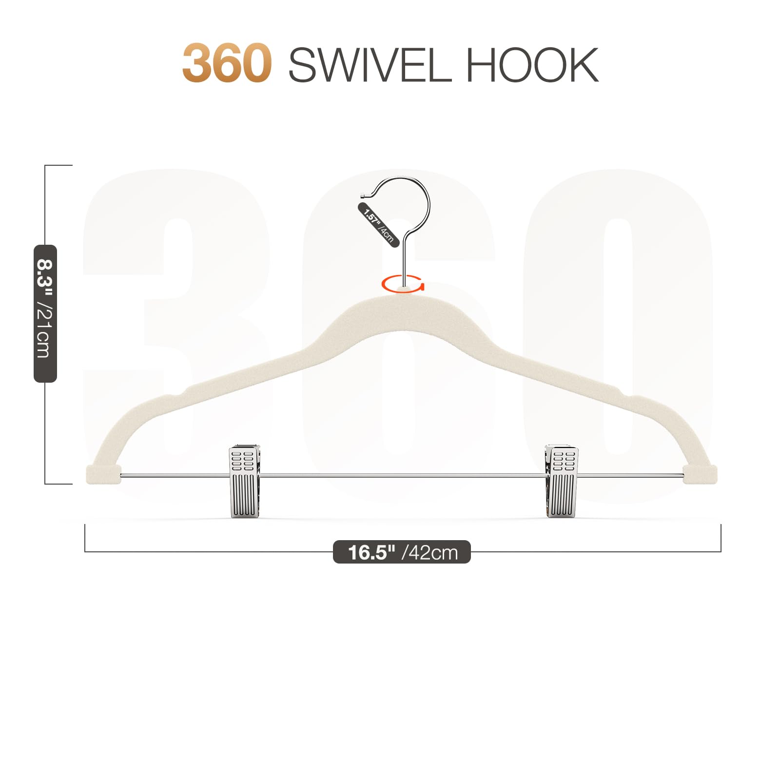 Korpai velvet hangers feature a 360 swivel hook for easy access from any angle.