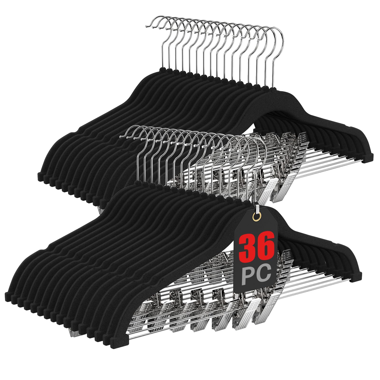 Korpai 36-pack velvet hangers on a closet rod save space and reduce bulk.