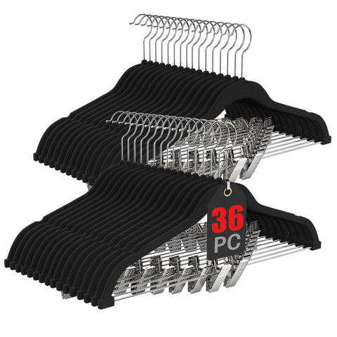 Korpai 36-pack velvet hangers on a closet rod save space and reduce bulk.