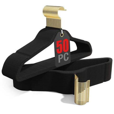 Korpai 50-pack black velvet hangers with non-slip surface keep outfits neat.