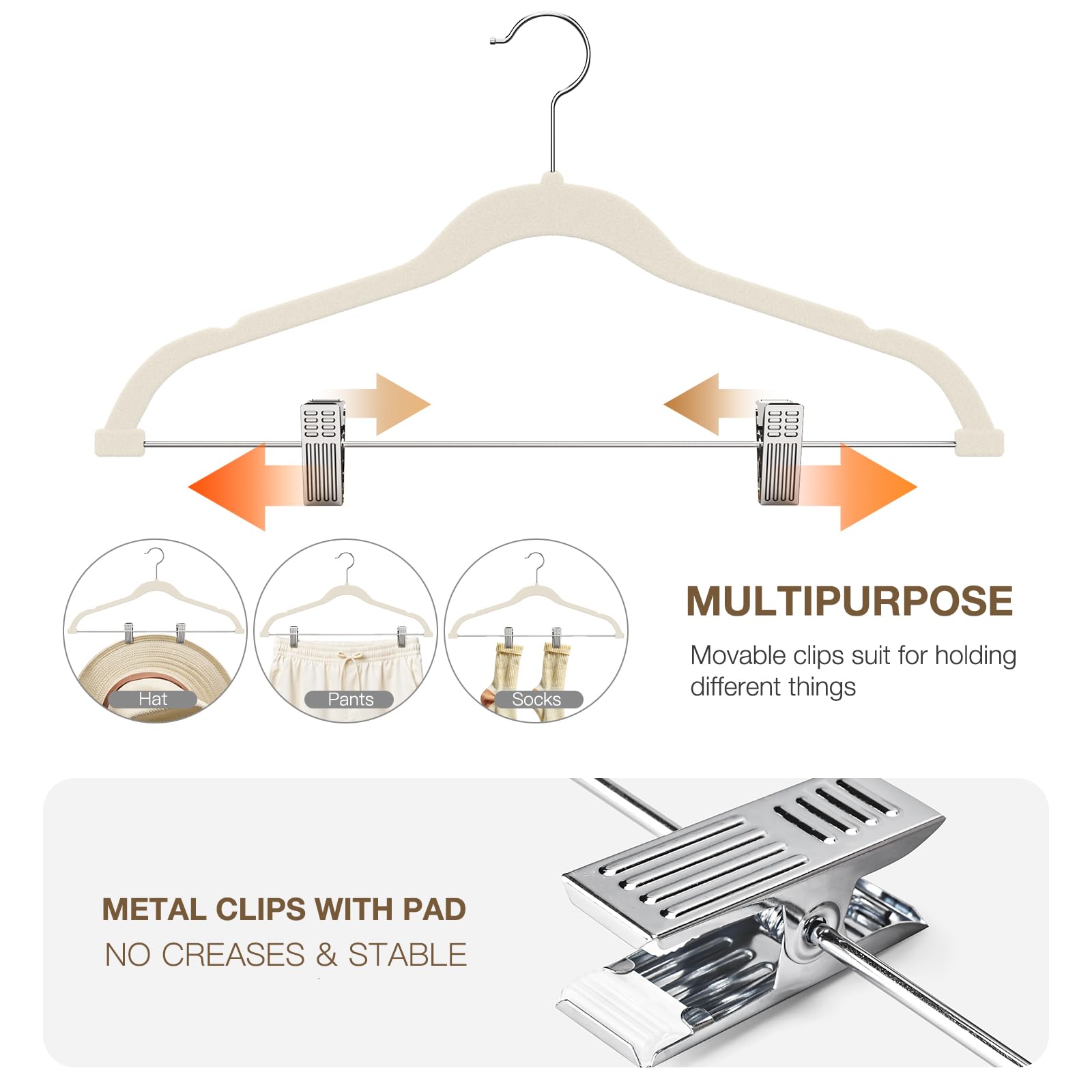 Adjustable clips protect pants and skirts from marks while holding them firmly.