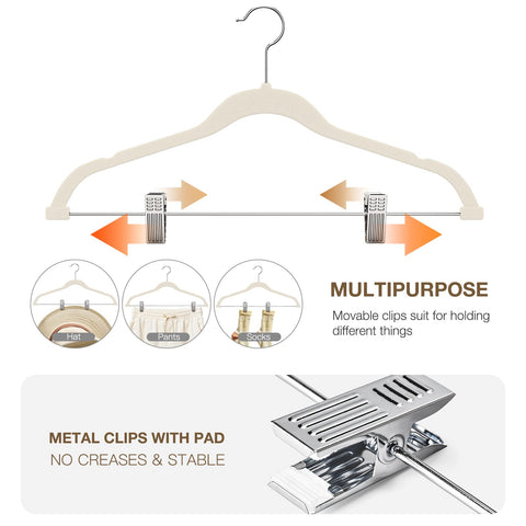 Adjustable clips protect pants and skirts from marks while holding them firmly.