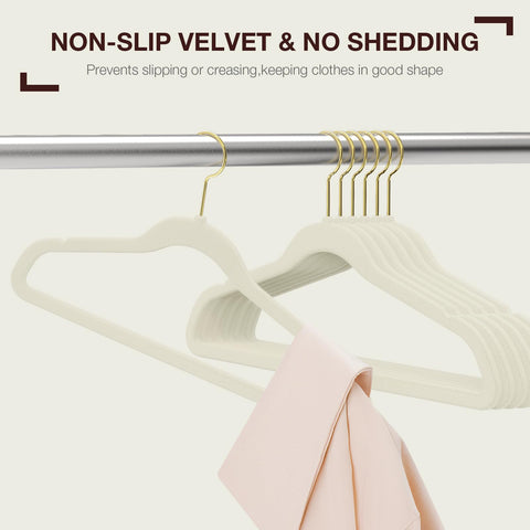 Korpai beige velvet hanger with 360° swivel hook for flexible hanging.