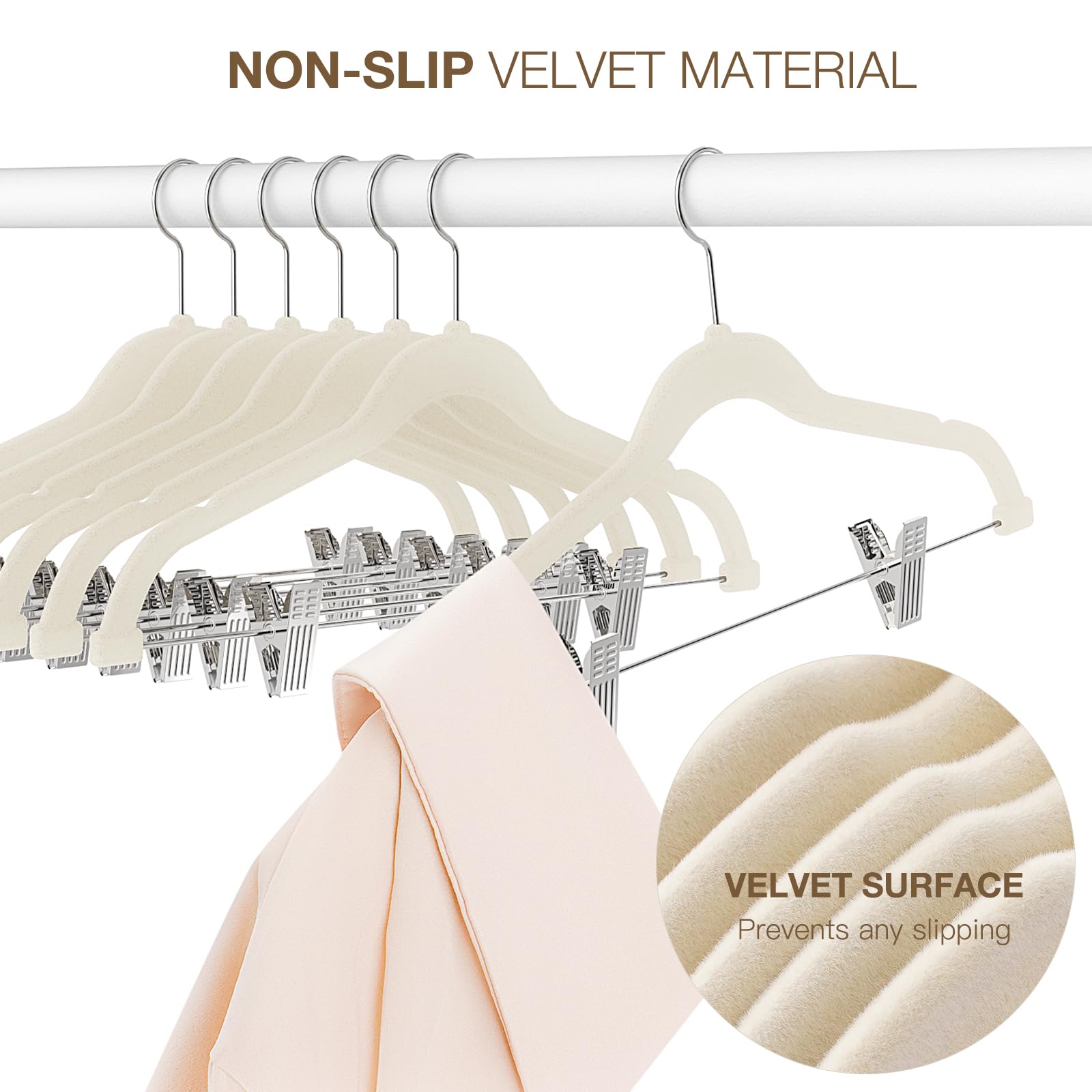 Two-in-one design pairs tops with bottoms on a single hanger for efficient closets.