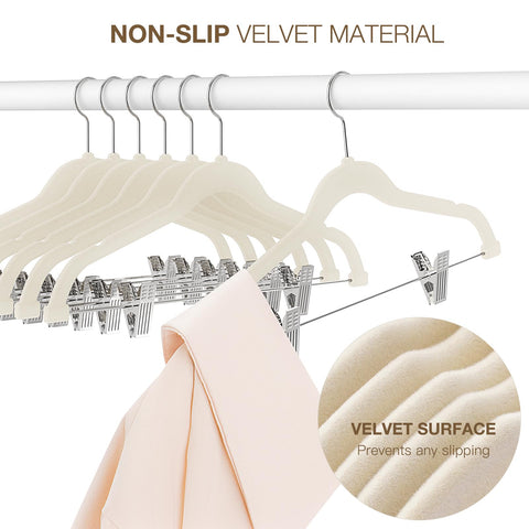 Two-in-one design pairs tops with bottoms on a single hanger for efficient closets.