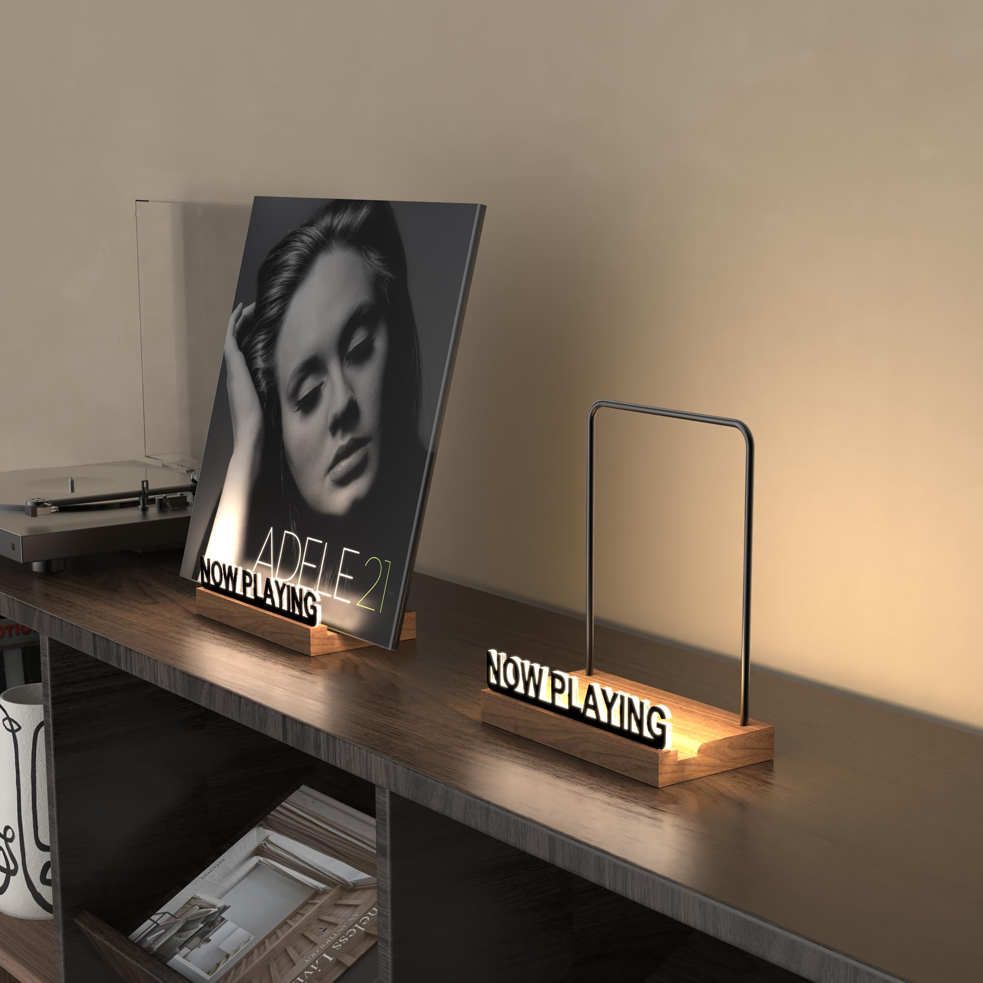 KORRTFID walnut-base vinyl display highlights albums with a warm, stylish centerpiece.