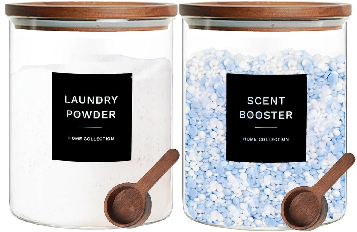 KOSKIMER glass laundry jar with airtight acacia lid preserves freshness