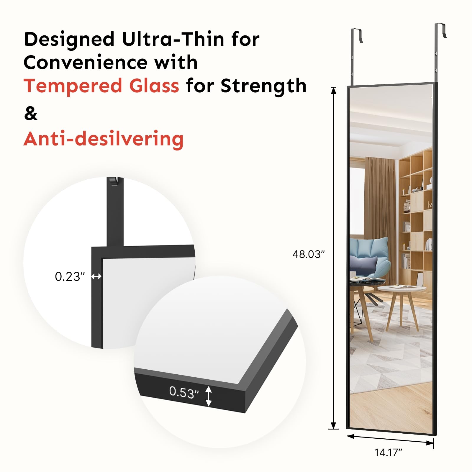 Kosmonia adjustable hangers door mirror with five height settings fits many doors.