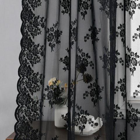 Kotile black lace curtains showcase rich texture and drape, adding depth to any room.