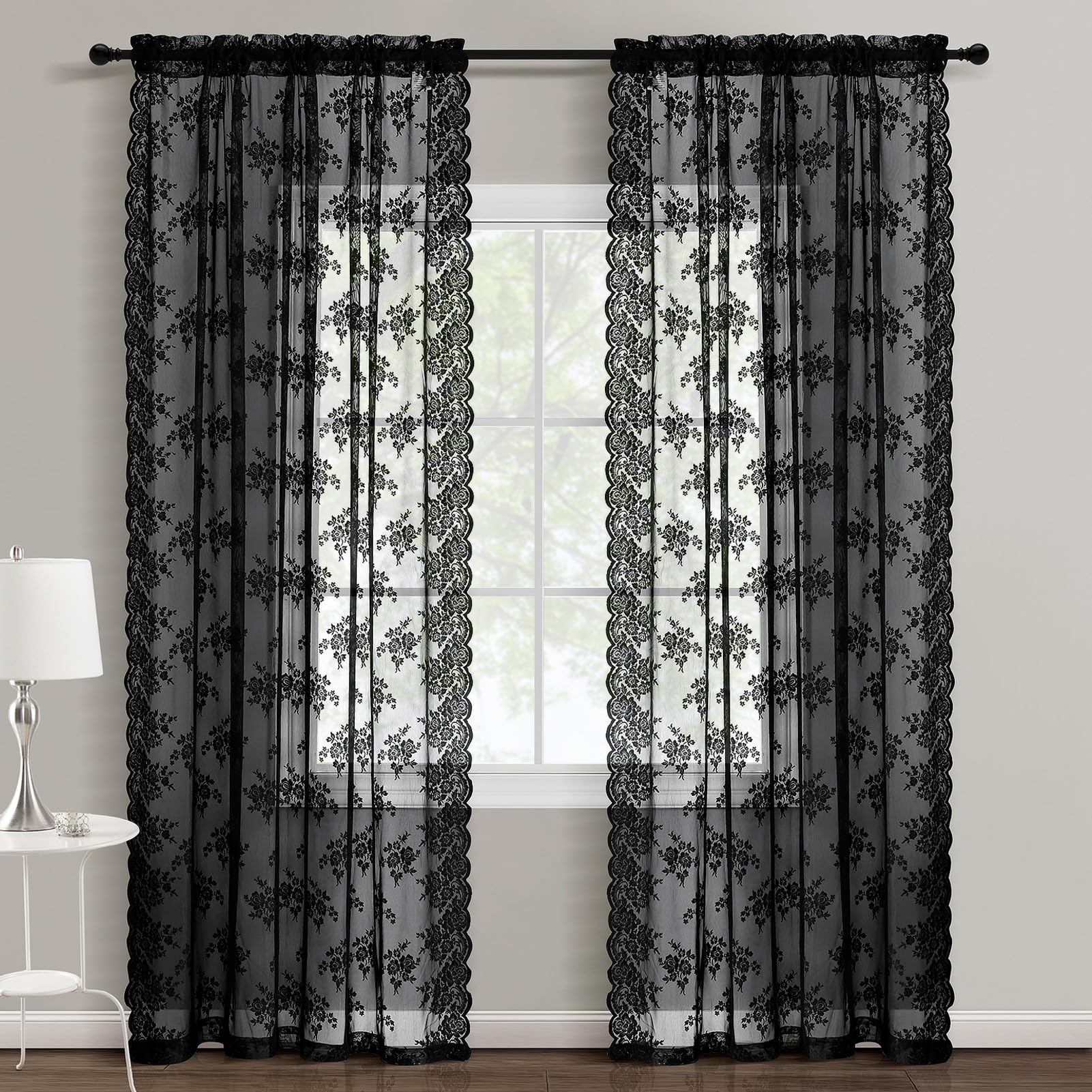 Kotile black lace curtains close-up of floral detail, showcasing delicate texture and vintage charm.