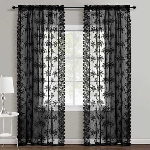 Kotile black lace curtains close-up of floral detail, showcasing delicate texture and vintage charm.