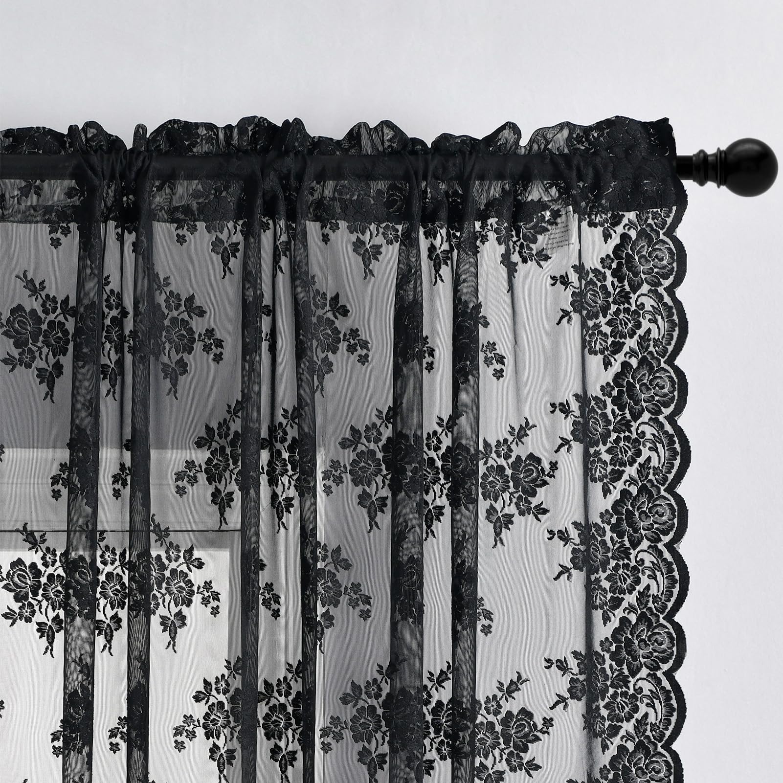 Kotile black lace curtains rod-pocket header close-up for easy hanging and secure drape.