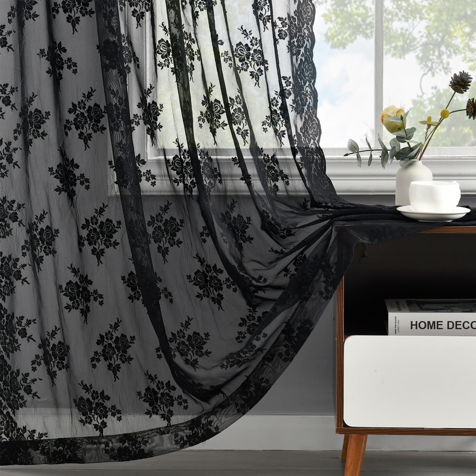 Kotile black lace curtains package includes two panels for quick installation.