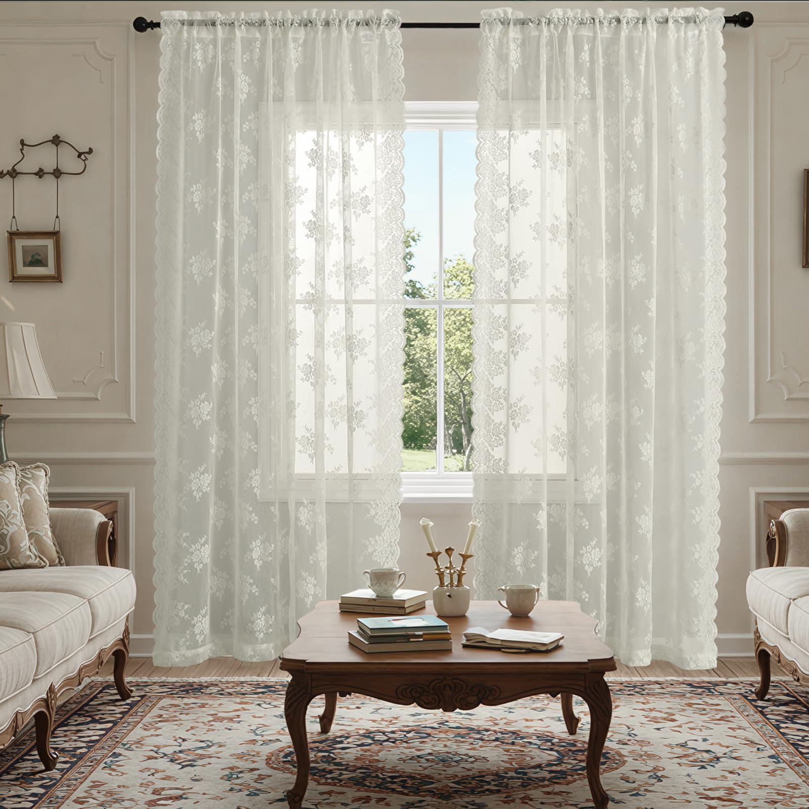 Kotile Ivory Lace Curtains, 84-inch length drape elegantly in living room