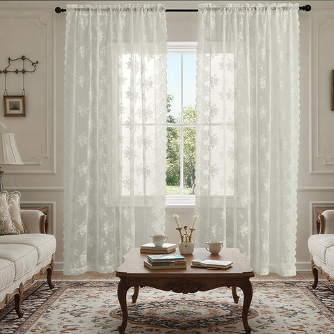 Kotile Ivory Lace Curtains, 84-inch length drape elegantly in living room