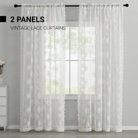 Kotile Ivory Lace Curtains showcase delicate scalloped lace trim and floral design