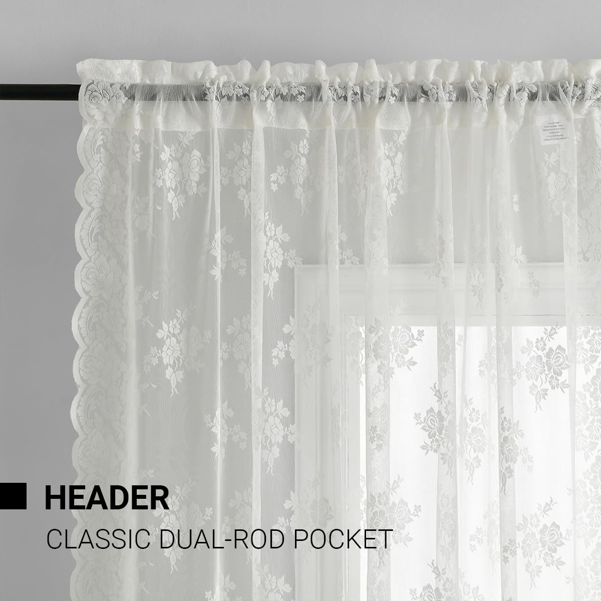 Kotile Ivory Lace Curtains rod-pocket top for easy hanging on most rods