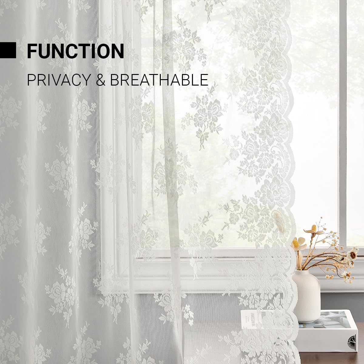 Kotile Ivory Lace Curtains provide light filtering for privacy and airiness