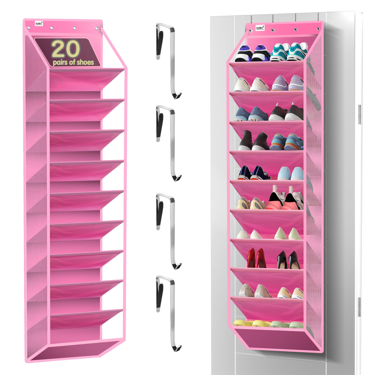 Kotkn 10-tier over-the-door organizer displaying tall pockets for 24–30 pairs of shoes.