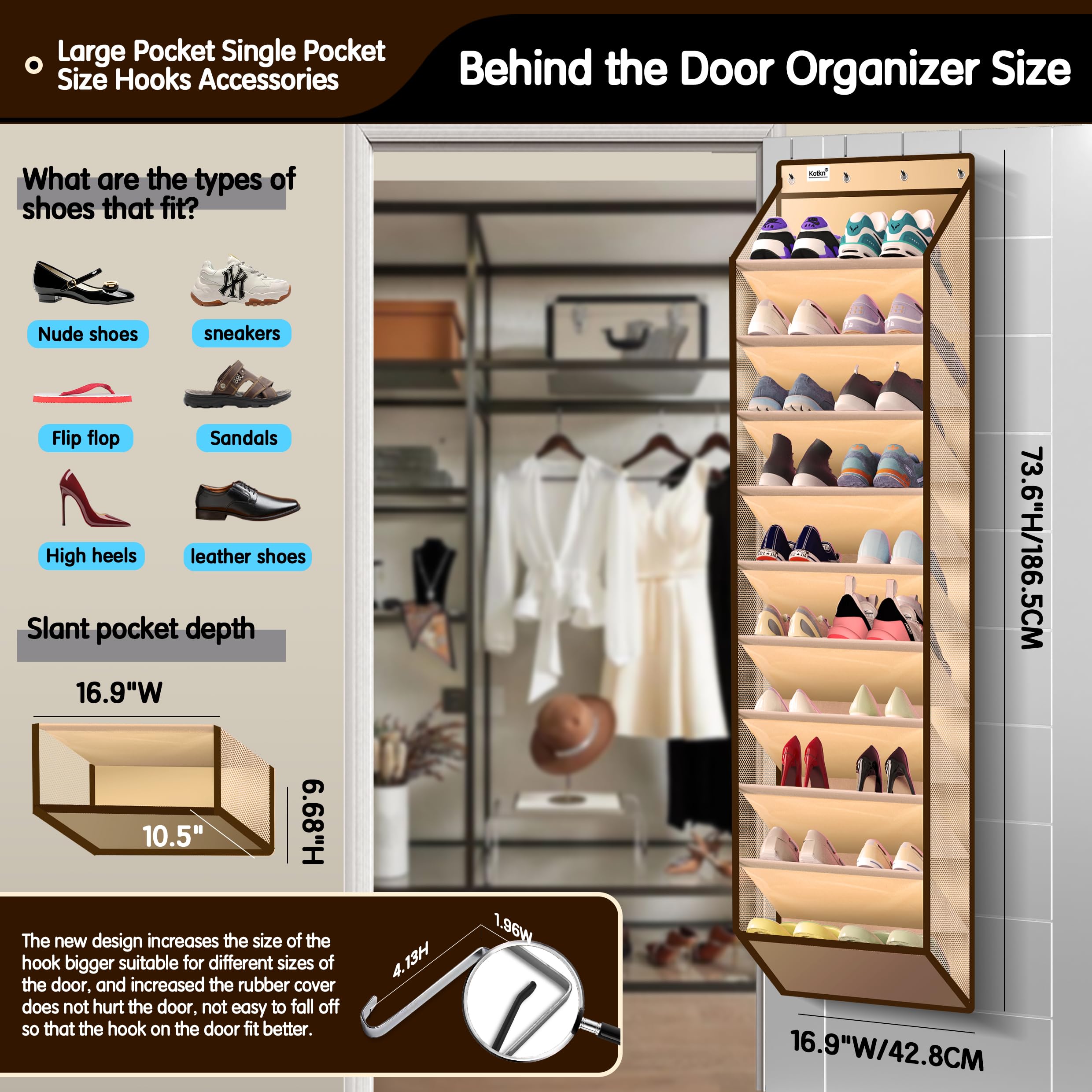 Kotkn 10-tier organizer on door side view shows sturdy construction for daily use.