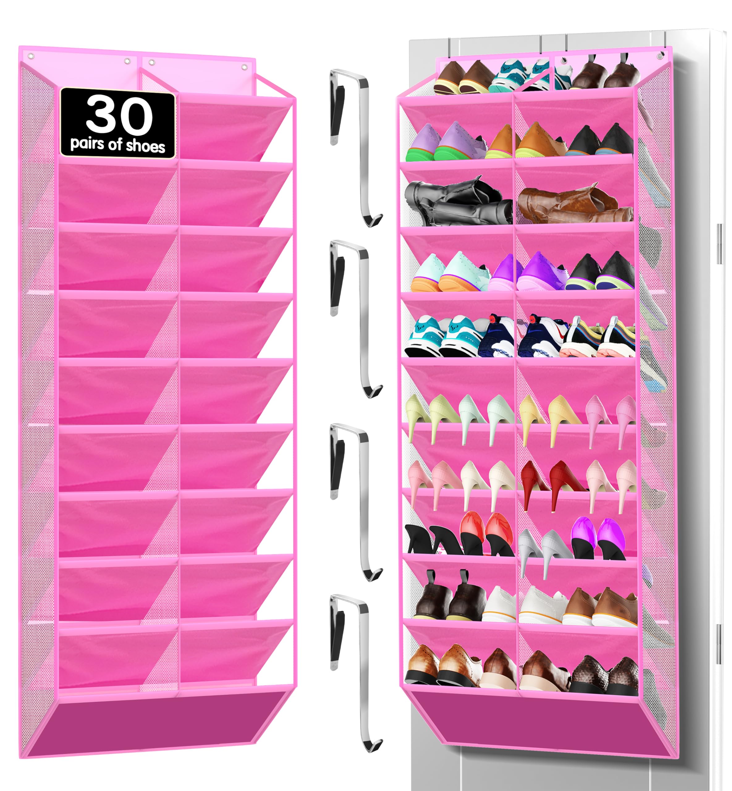 Kotkn 10-tier over-the-door organizer holds 20–30 pairs, maximizing closet space.