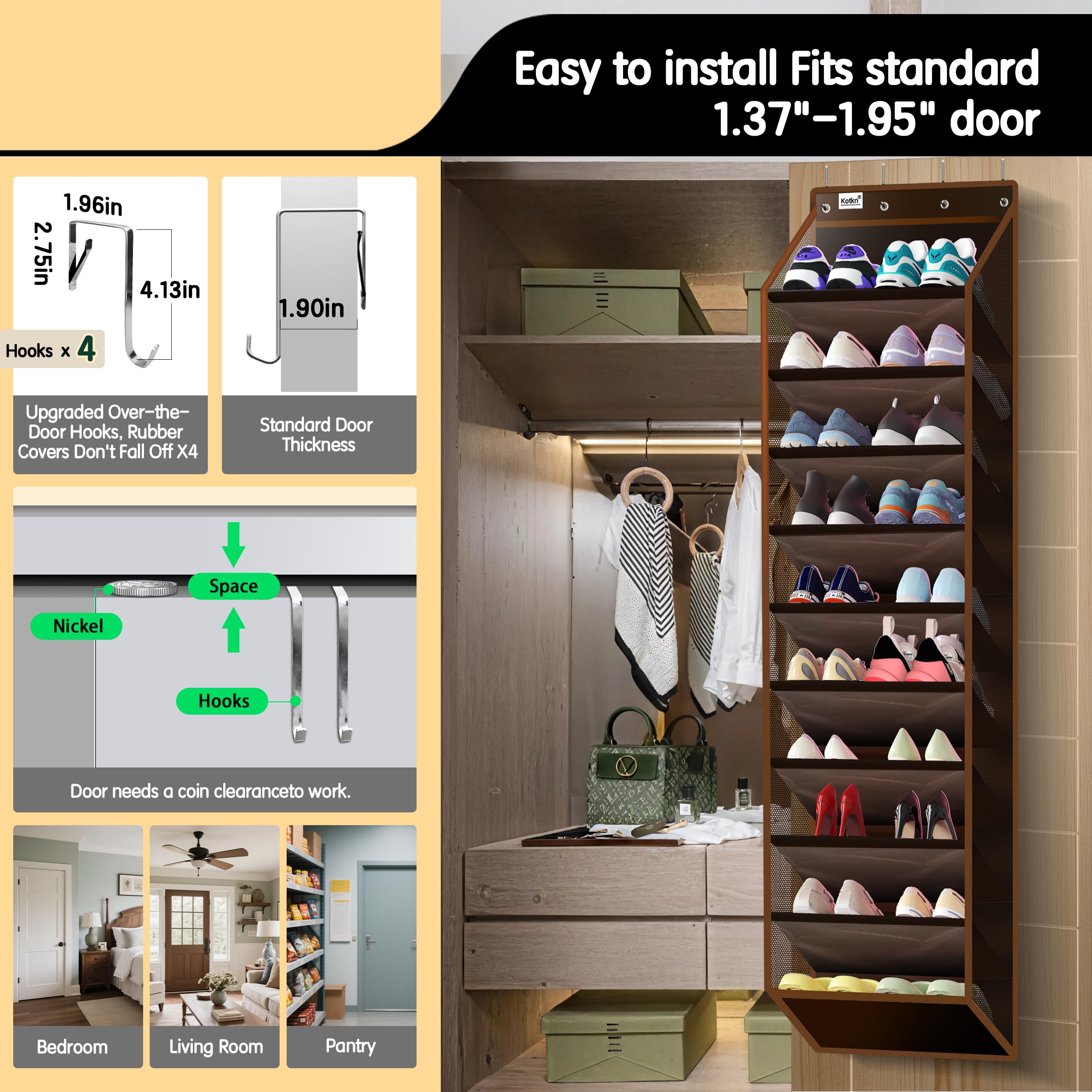 Kotkn installation with four metal hooks showing easy tool-free setup.